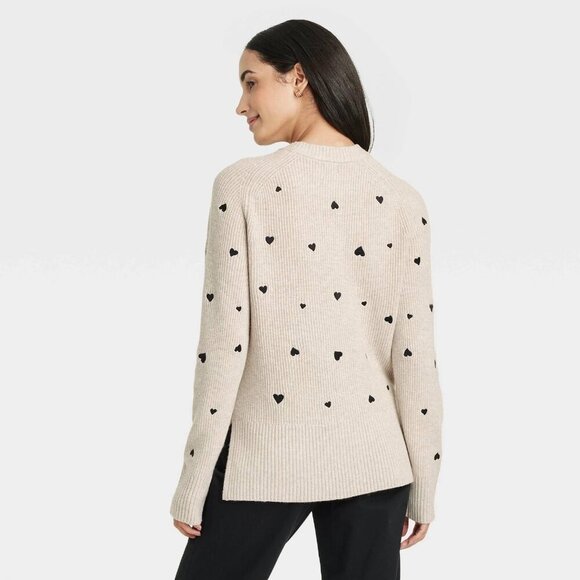 Medium - Womens Hearts Crewneck Pullover Sweater - A New Day - Taupe - Picture 6 of 6